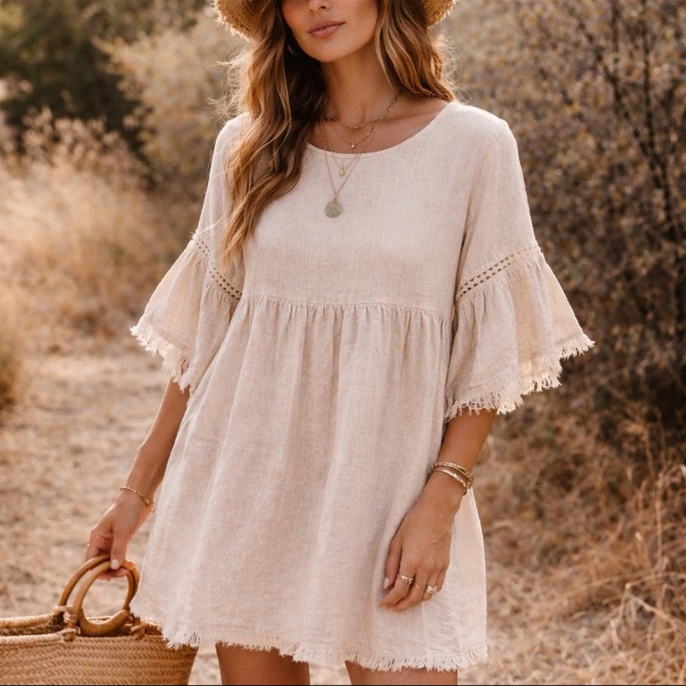 Cream Mini Dress with Frayed Ruffled Sleeves